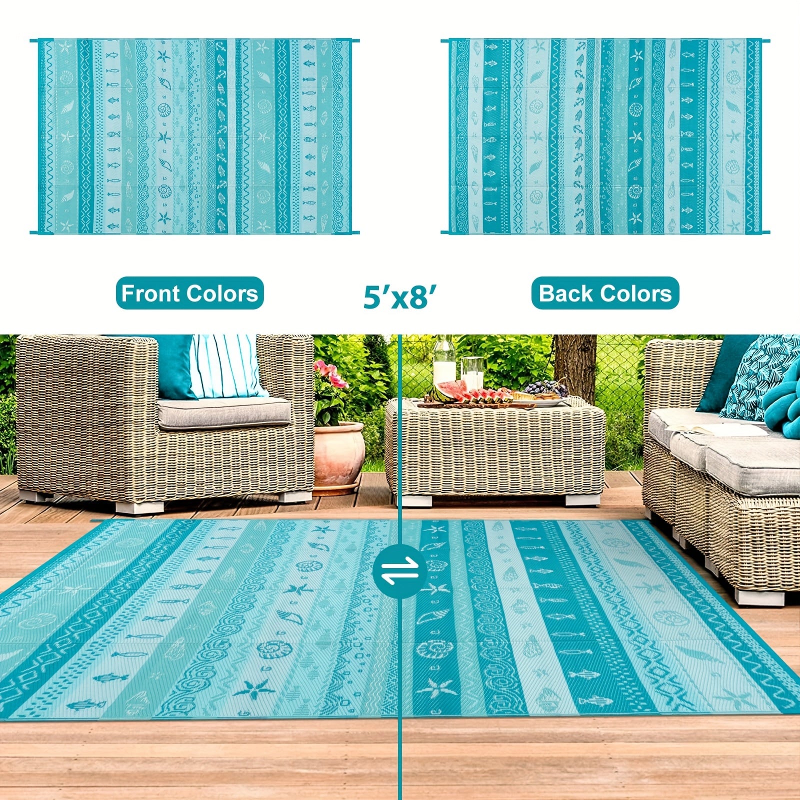 Coastal Outdoor Rug, Reversible Ocean Beach Theme Striped Patio Plastic Straw Rugs, Tribal RV Camping Outside Carpet Mat For Pool Back Yard Deck