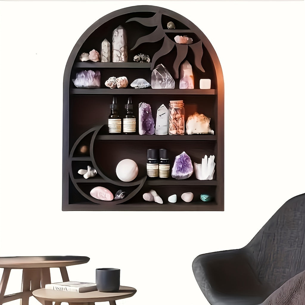 [Bohemian Wooden Display Rack] Wooden Moon & Sun Storage Rack - Wall-Mounted Crystal Display for Scented Candles and Stones, Bohemian Home Decor