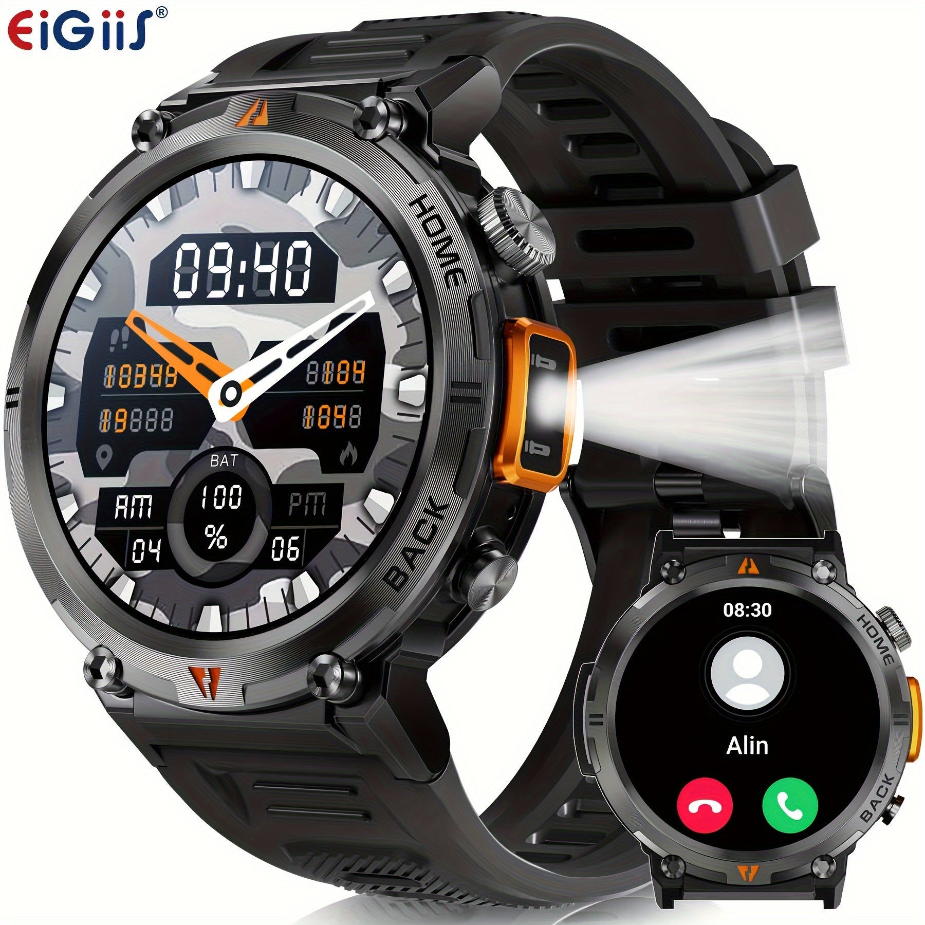 EIGIIS Men'S Outdoor Sports Watch with IPX8 (3ATM) Flashlight,
