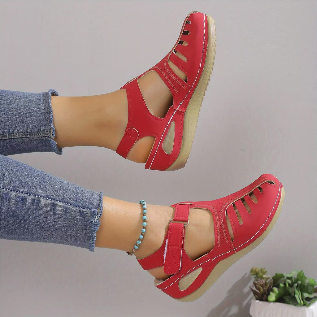 Women's Platform Sandals, Closed Toe Round Toe Solid Color Ankle Strap Sandals, Women's Hook And Loop Shoes