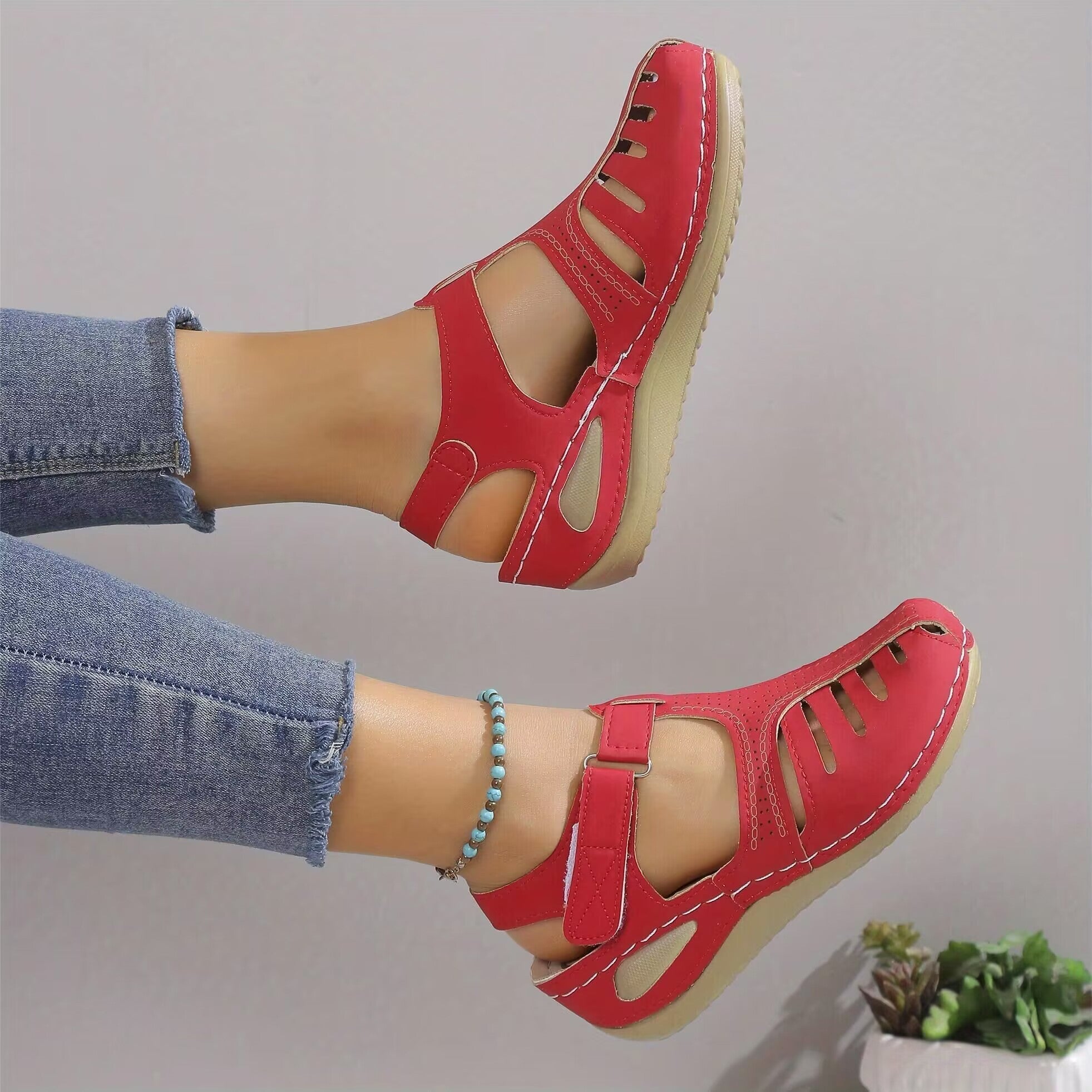 Women's Platform Sandals, Closed Toe Round Toe Solid Color Ankle Strap Sandals, Women's Hook And Loop Shoes