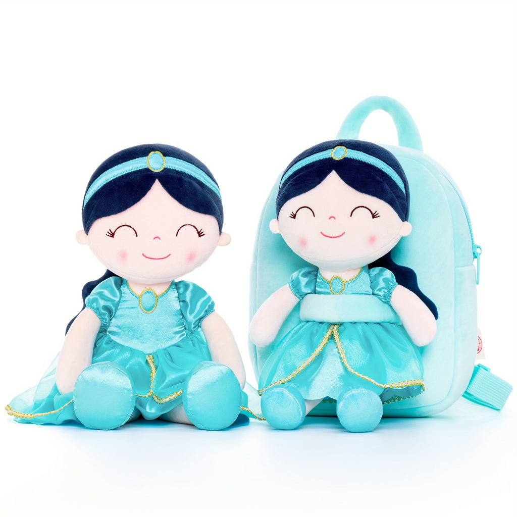 Gloveleya Toddler Backpack for Girls Kids Backpacks Soft Girl Toys Plush Baby Girl Gifts with Plush Princess Jasmins Doll Aqua 9 inches