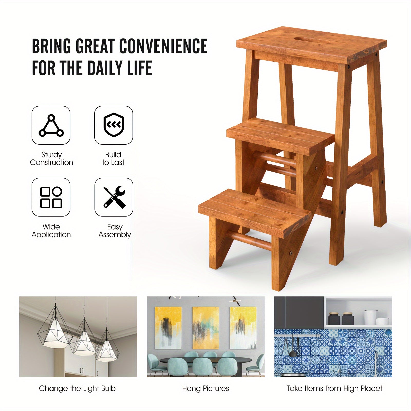 3-in-1 Folding Step Stool with 24" Storage Shelf - Multi-Function Coffee Brown Rubber Wood Ladder, Durable & Portable for Home, Garage, or Garden Use, Sturdy Ant-Slip Surface, 200 lbs Capacity Per Pedal, Garage Utility Ladder