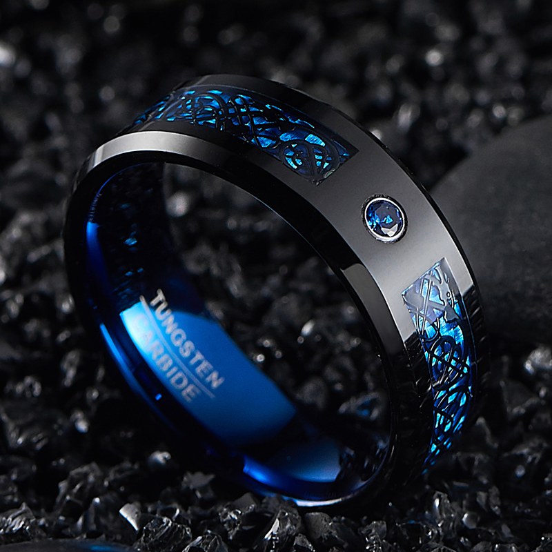 8Mm Wide Inlaid Black Dragon Pattern Blue Carbon Fiber Men'S Tungsten Ring USA Size 7-14, Without Battery