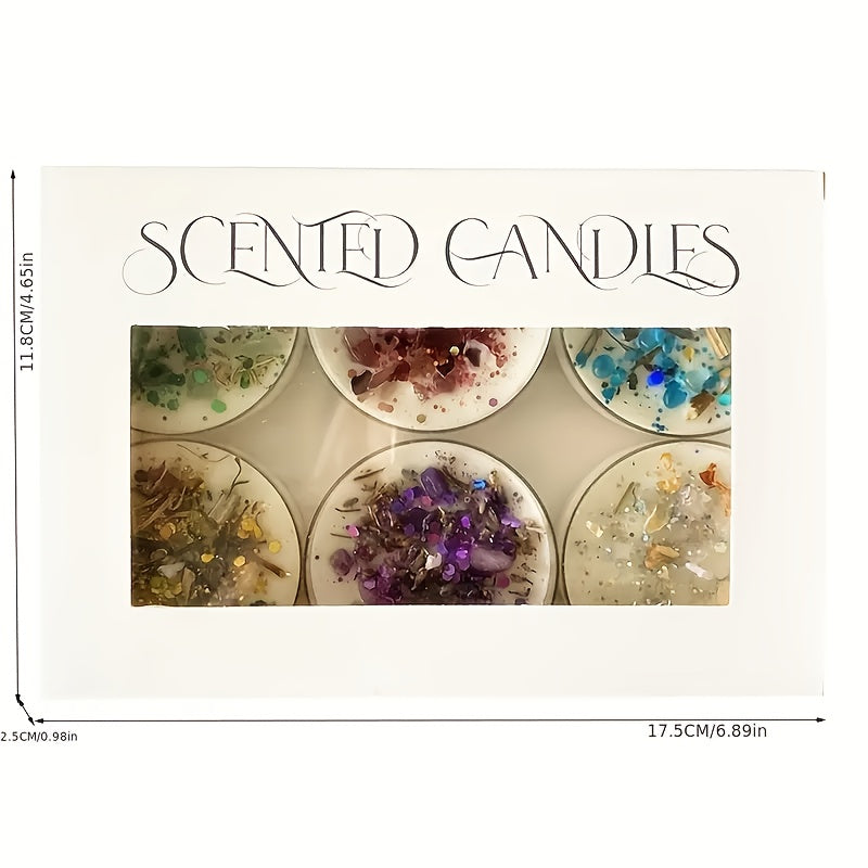 Six Gift Boxes Containing Scented Candles Made with Crystal And Dried Flowers, Adorned with Colorful Sequins. Each Box Features Six Harmoniously Paired Fragrances That Can Elevate The Romantic Ambiance And Serve As Ideal Holi