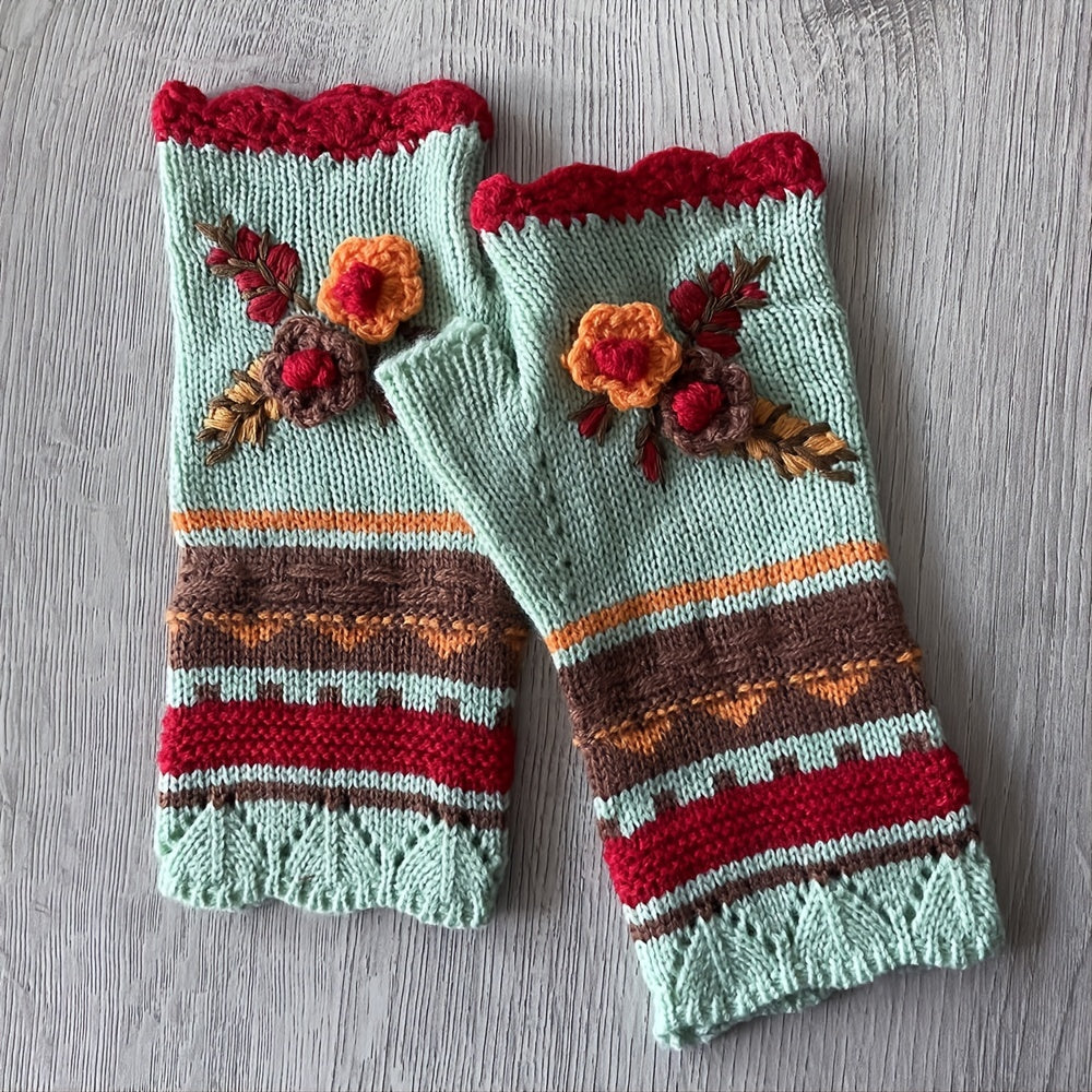 Autumn and Winter Women's Fingerless Floral Warm Hand Hook Gloves Pair