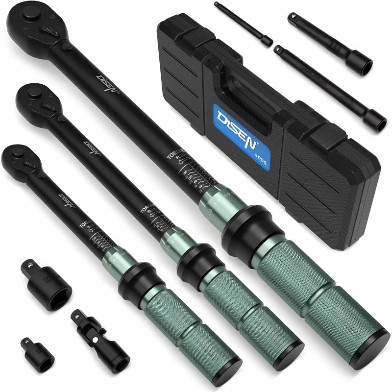 9pcs Click Torque Wrench Set 1 4 3 8 1 2 Drive 20220in.lb 545 Ft.lb 10170 Ft.lb with 6 Adapters 3 Accuracy 72Tooth