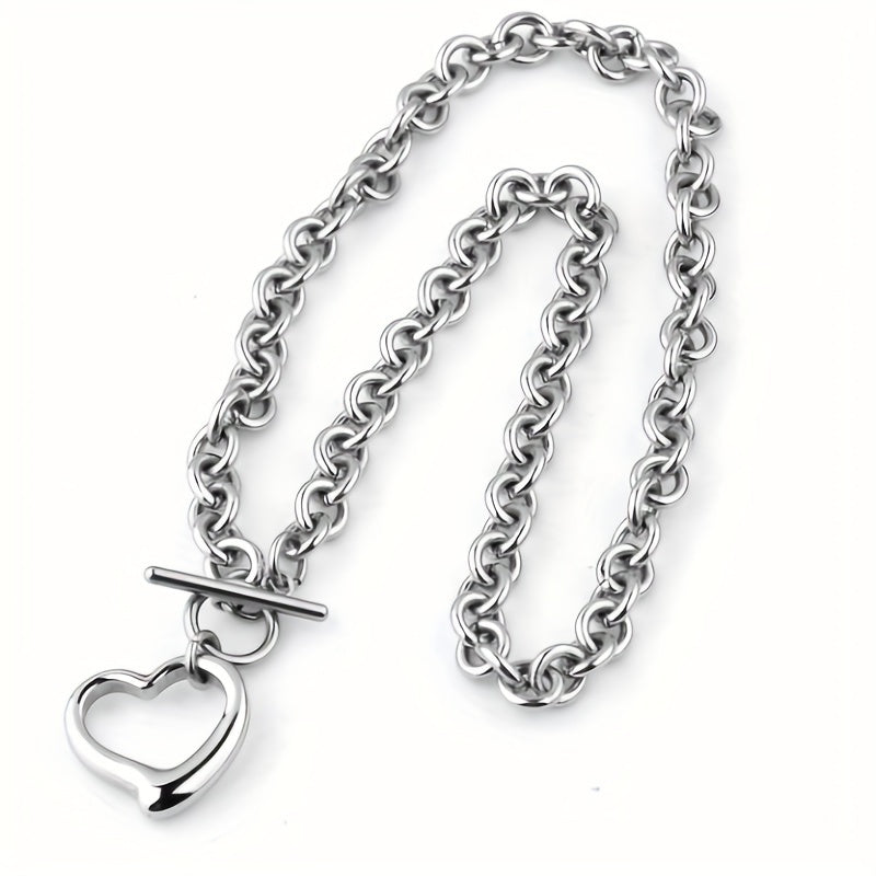 1 Set Exquisite Titanium Steel Stainless Steel Hollow Heart-Shaped Peach Heart Necklace and Bracelet Set - Silver Plated