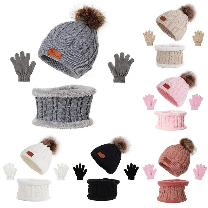 3pcs Youngsters Knitted Thermal Beanie Hat & Gloves & Scarf Set for Winter Warm Accessories