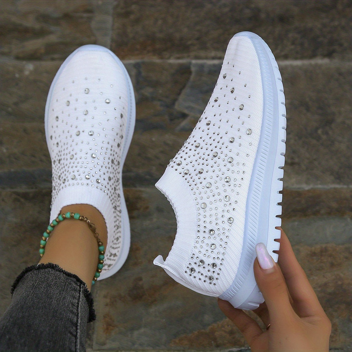 Women's Rhinestone Decor Slip-on Sneakers, Fly Woven Sports Shoes, Breathable Low Top Walking Shoes For Music Festival