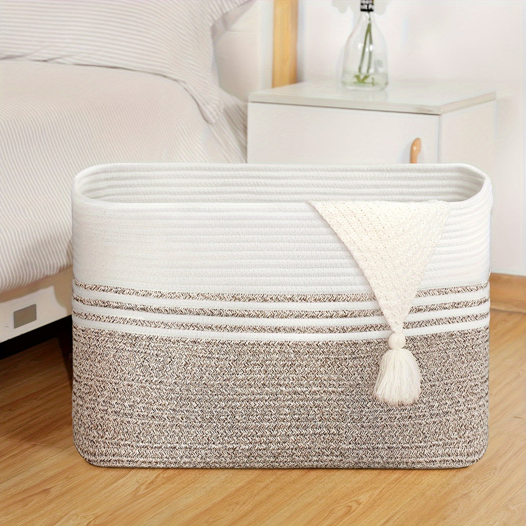 Sowyem Large Blanket Basket, Woven Basket For Storage Rectangle Dirty Clothes Basket For Laundry