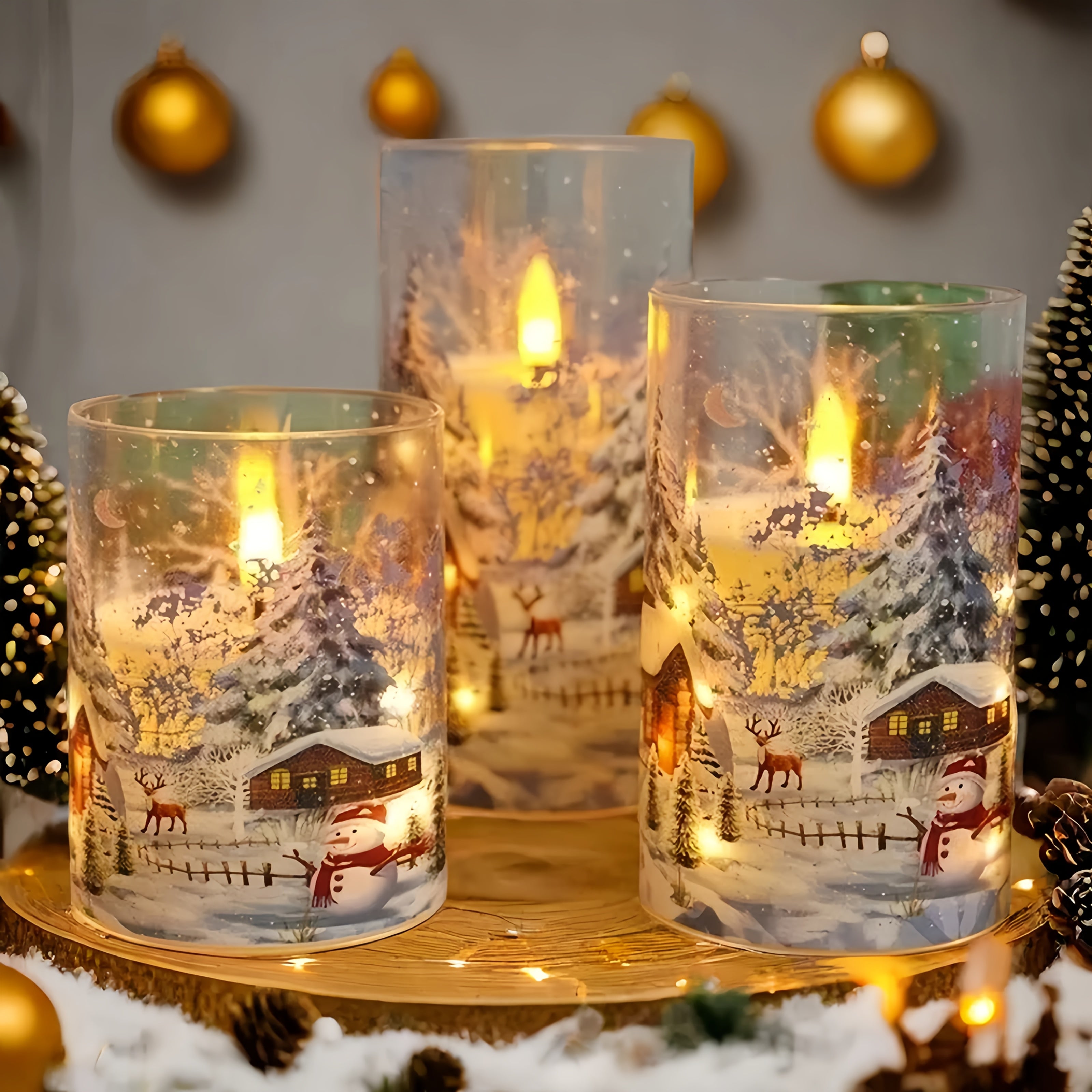 3pcs Flameless Led Pillar Candles With Christmas Snow Scene Design, Flickering Warm Light, Battery Operated Decorative Candles With Snowman Patterns, Perfect For Christmas Decoration, Table Centerpiece, Home Decor, Gift Idea,