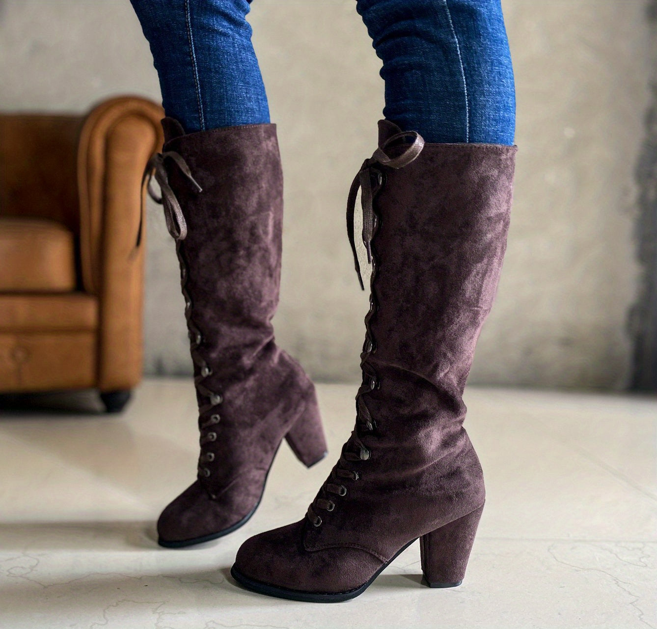 Women's Heeled Knee High Boots, Solid Color Lace Up Chunky Heeled Boots, Versatile Comfy Long Boots