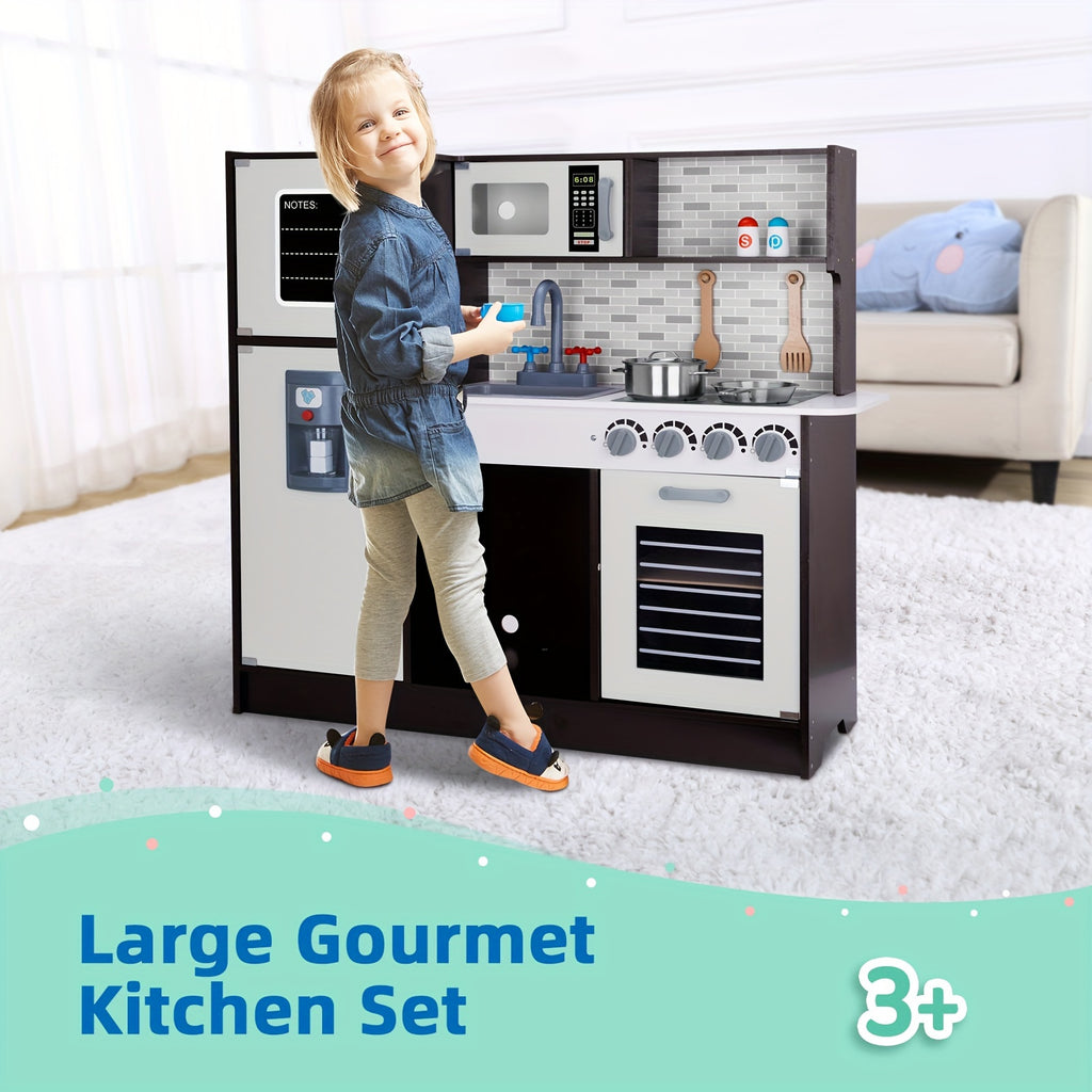 Kids Kitchen Playset, Wooden Chef Play Kitchen For Toddler With Sink, Oven, Range Hood, Stove, Ice Maker And Microwave, Prefect Kitchen Toys For Toddlers As Present