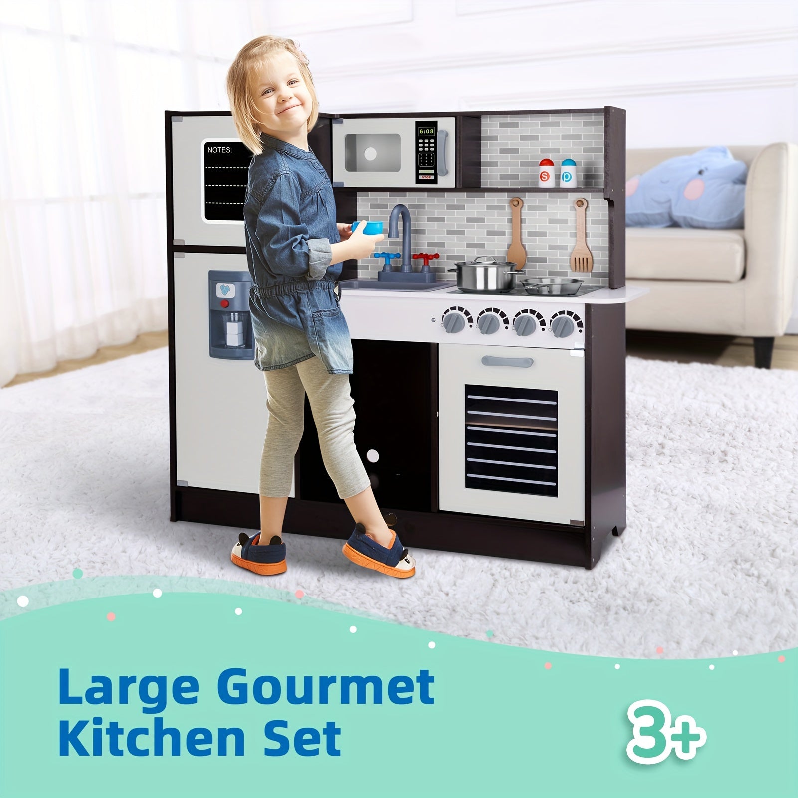 Kids Kitchen Playset, Wooden Chef Play Kitchen For Toddler With Sink, Oven, Range Hood, Stove, Ice Maker And Microwave, Prefect Kitchen Toys For Toddlers As Present