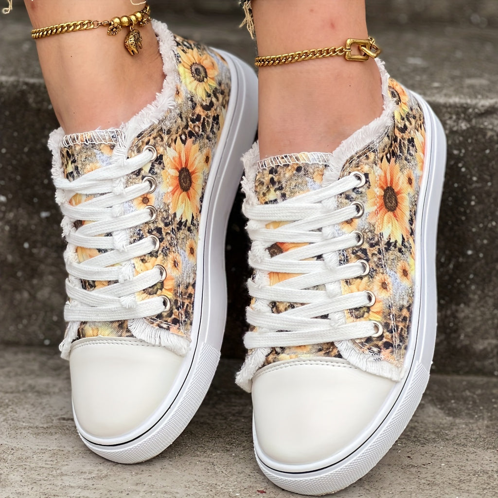 Womens Sunflower Canvas Shoes - Vibrant Print, Comfortable Casual Lace-Up Design - Perfect for Outdoor Walking Adventures, Ultra-Lightweight & Low Top