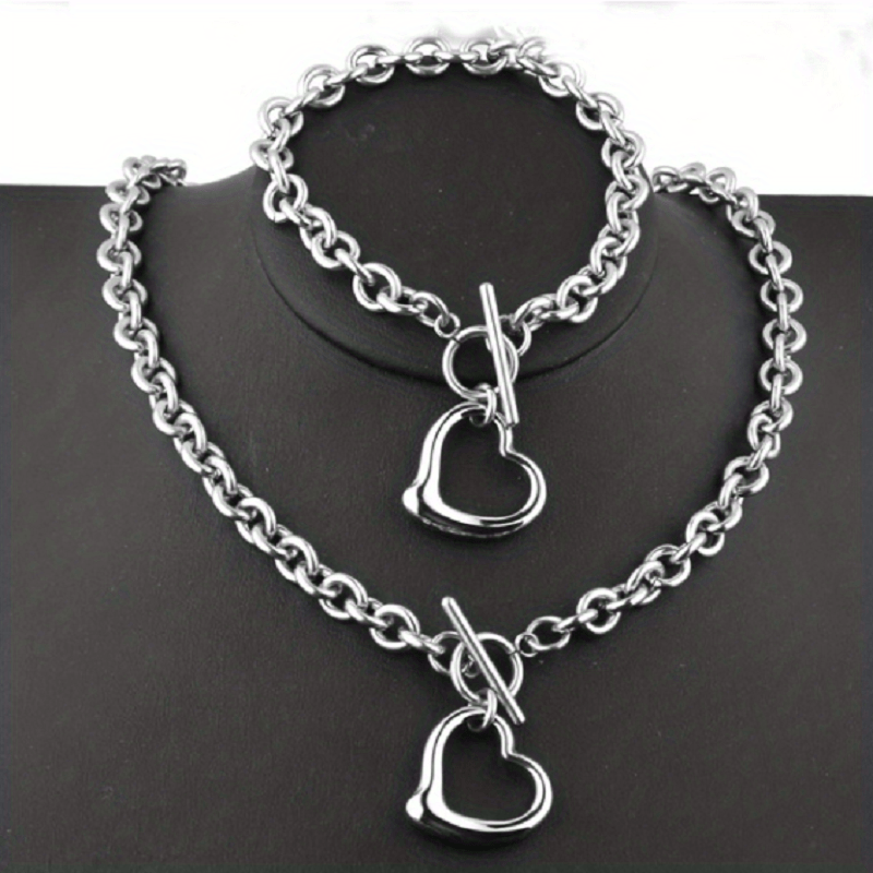 1 Set Exquisite Titanium Steel Stainless Steel Hollow Heart-Shaped Peach Heart Necklace and Bracelet Set - Silver Plated