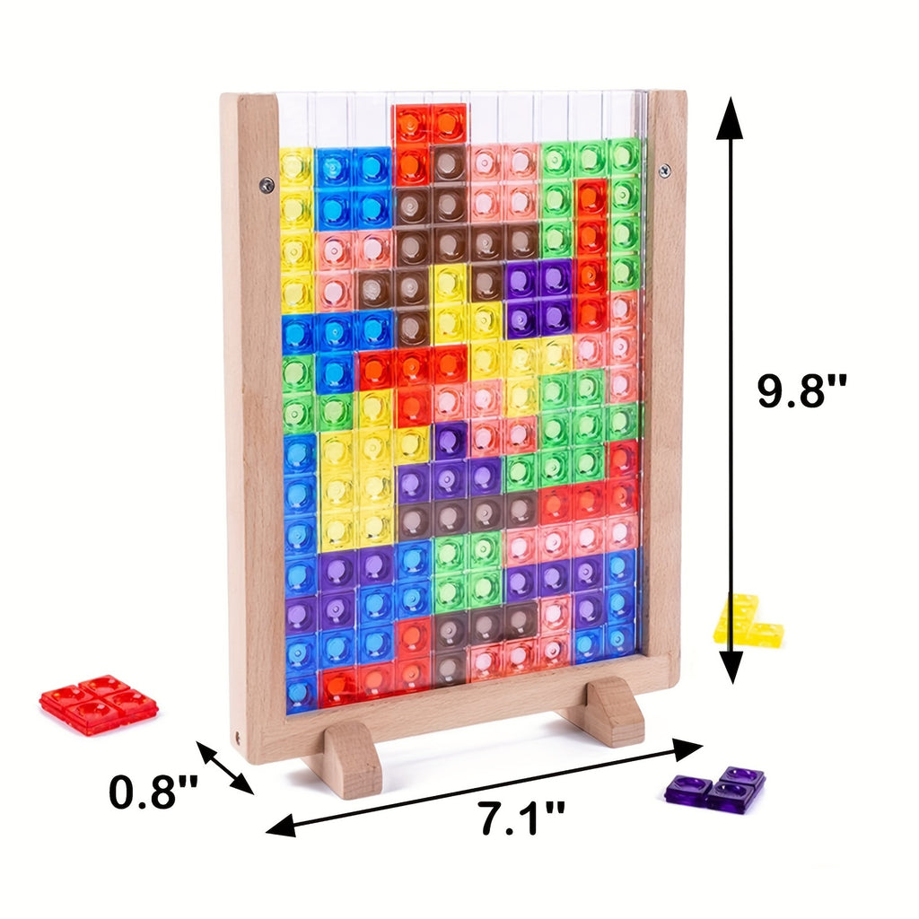 Wooden Blocks Puzzle Brain Teasers Toy, Intelligent Colorful 3D Plastic Blocks Game With Vertical Wood Frame Game Board, Tangram Educational Toys Gift For Kids Age 3+