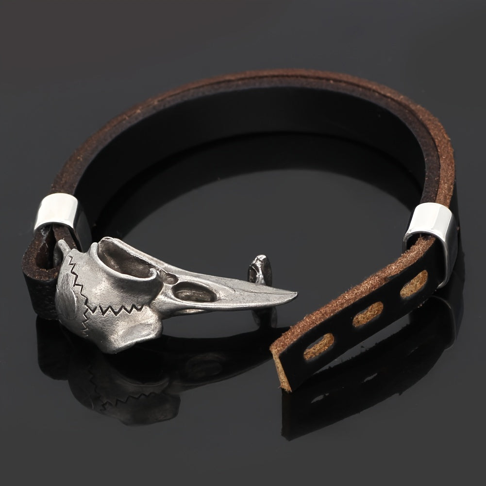 Viking Stainless Steel Crow Skull Bracelet - 304 Stainless Steel Norse Odin Jewelry with Intricate Detailing, Durable Men's Amulet Accessory for Casual & Formal Wear