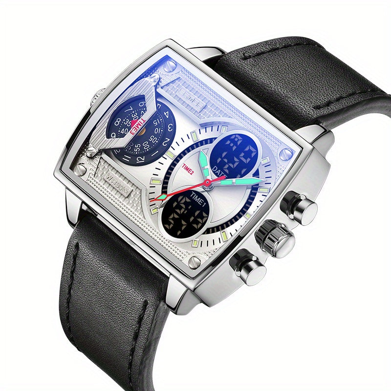 Large Dial Multi Time Zone Men's Watch, Square Dual Display Multifunctional Sports Watch with Dual Time Zone, Date, Alarm, and Stopwatch Functions