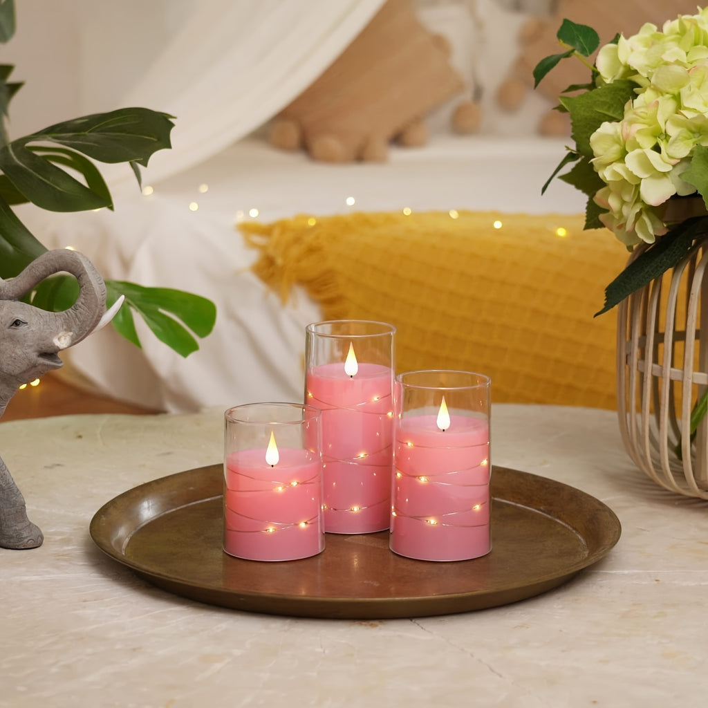 [Romantic Flameless LED Candles] 3pcs Realistic Flameless LED Candles with Remote & String Lights - 2D Flat, Battery Operated Flameless Candle Lights, Pink Table Centerpieces for Wedding, Christmas, Valentine's, Party Decor -