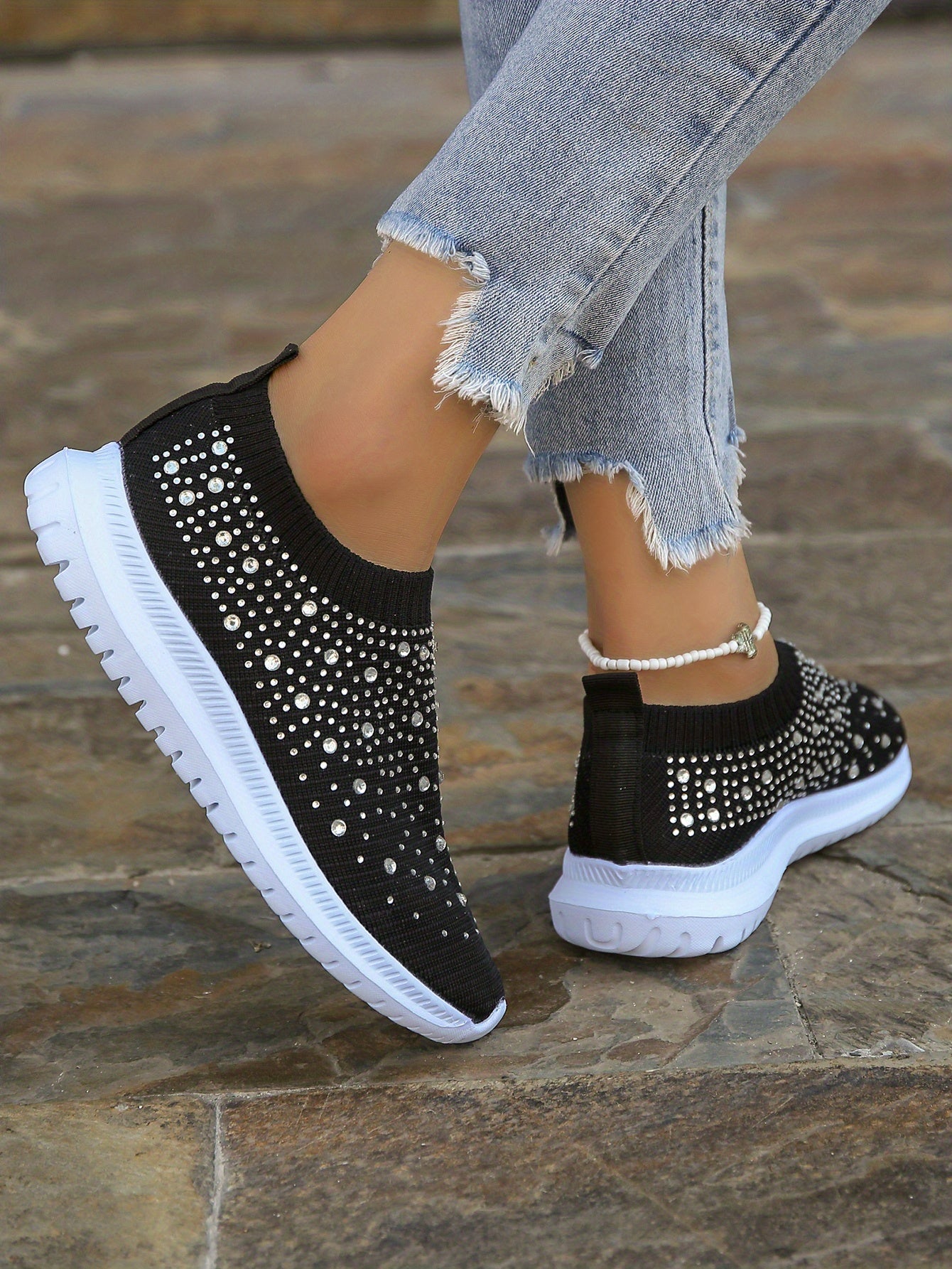 Women's Rhinestone Decor Slip-on Sneakers, Fly Woven Sports Shoes, Breathable Low Top Walking Shoes For Music Festival