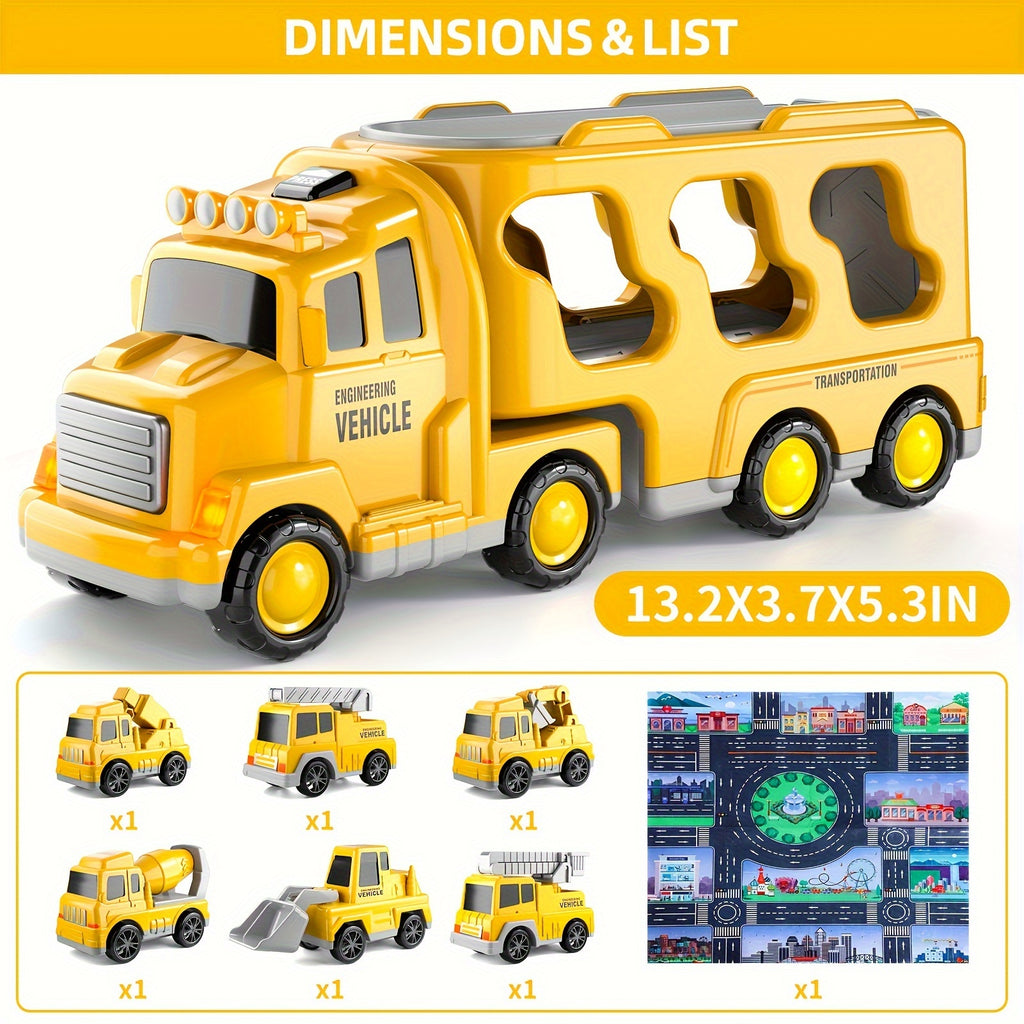 Kids Car Toys, 7 In 1 Construction Car Trucks Playset With Play Mat & Accessories, Birthday Halloween Christmas Gifts For Kids Boys Girls