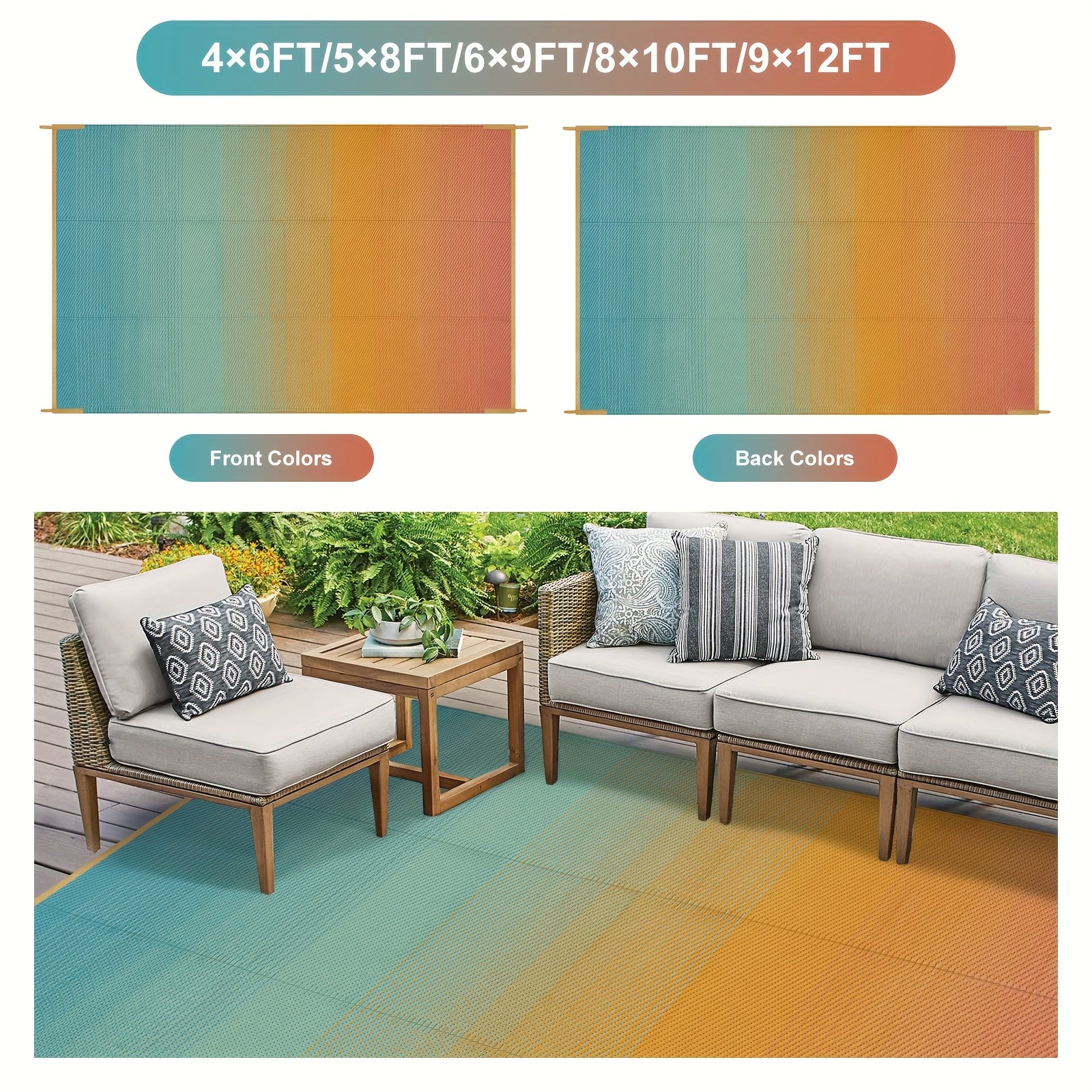 Extra Large Reversible Camping Mat - Durable Polypropylene Indoor/Outdoor Mat for RV, Patio, Backyard, Balcony & Deck - Vibrant Gradient Colors, Hand Wash Only, Outdoor Rugs