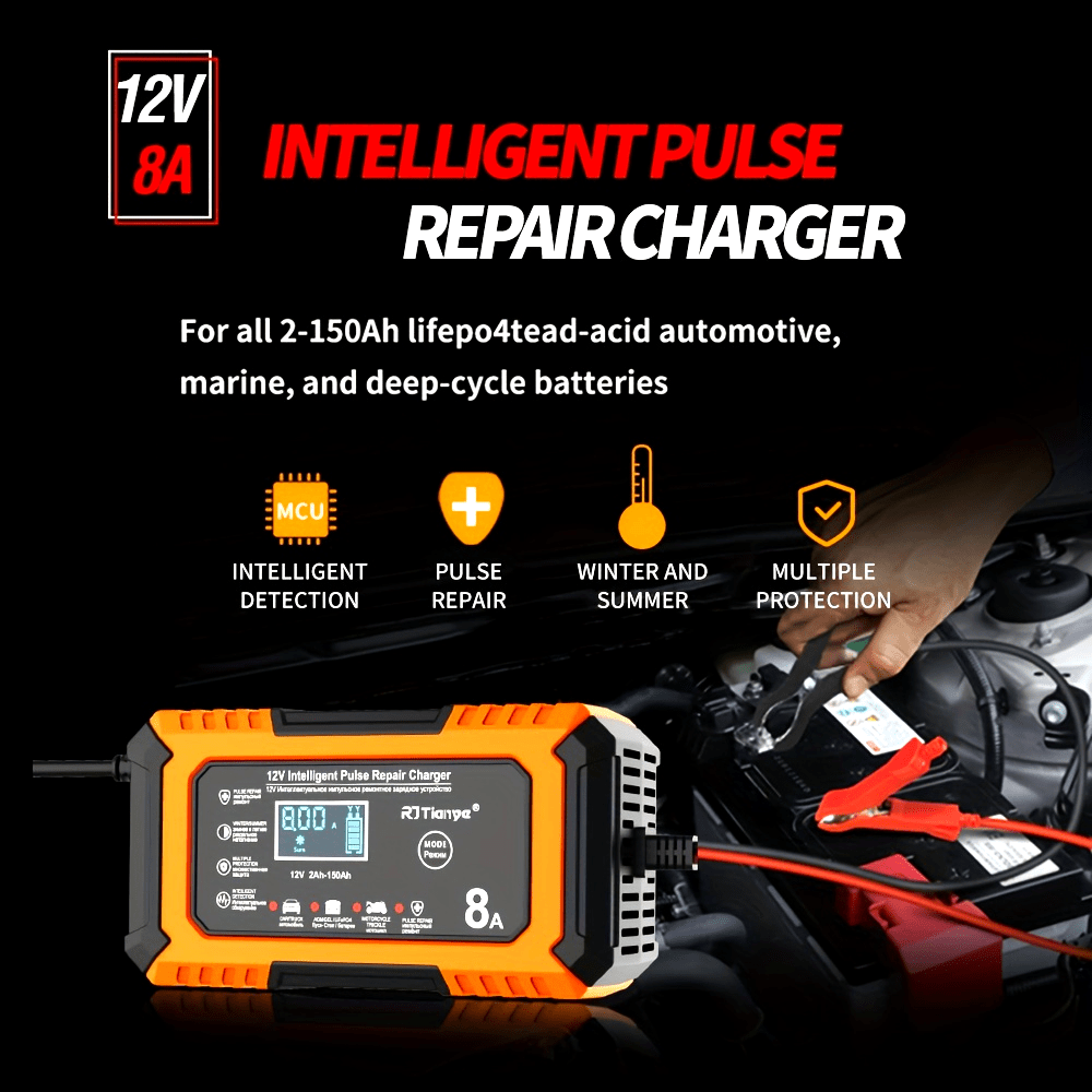 [Smart Car Charger] 12V 8A Smart Trickle Charger, American Plug Car Battery Charger | for Automotive Lead Acid and Lithium Iron Batteries