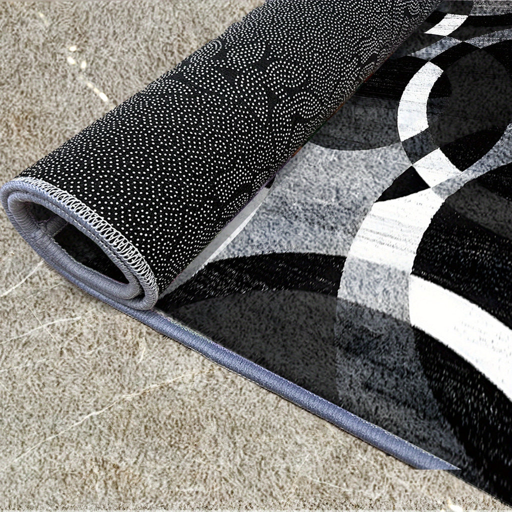 850gsm Velvet Area Mat - Modern Abstract Black & White Circular Pattern, Machine Washable Non-Slip Thick Pile, Ultra-Soft Durable Mat for Living Room Bedroom Entryway, Contemporary Home Decor, Large Area Rugs Living Room, Ent