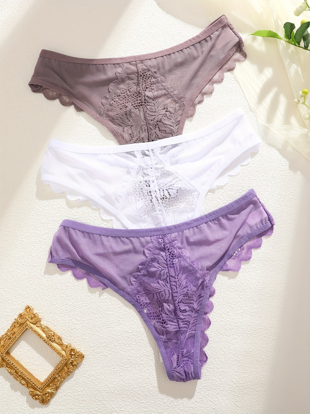[Soft Lace, Elegant Thongs] 3pcs Women's Soft Lace Elegant Thongs