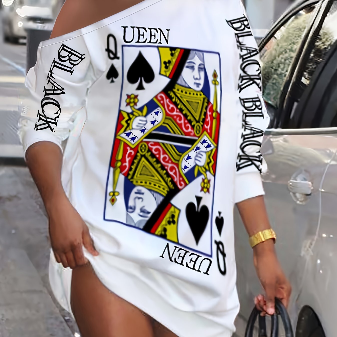 Slant Shoulder Queen Poker Print Dress, Long Sleeve Casual Dress For Fall & Spring, Women's Clothing