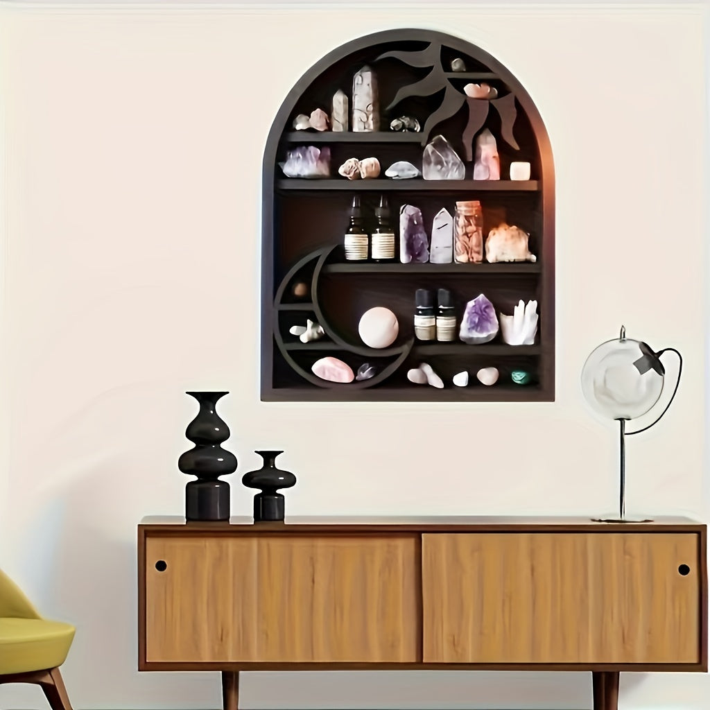 [Bohemian Wooden Display Rack] Wooden Moon & Sun Storage Rack - Wall-Mounted Crystal Display for Scented Candles and Stones, Bohemian Home Decor