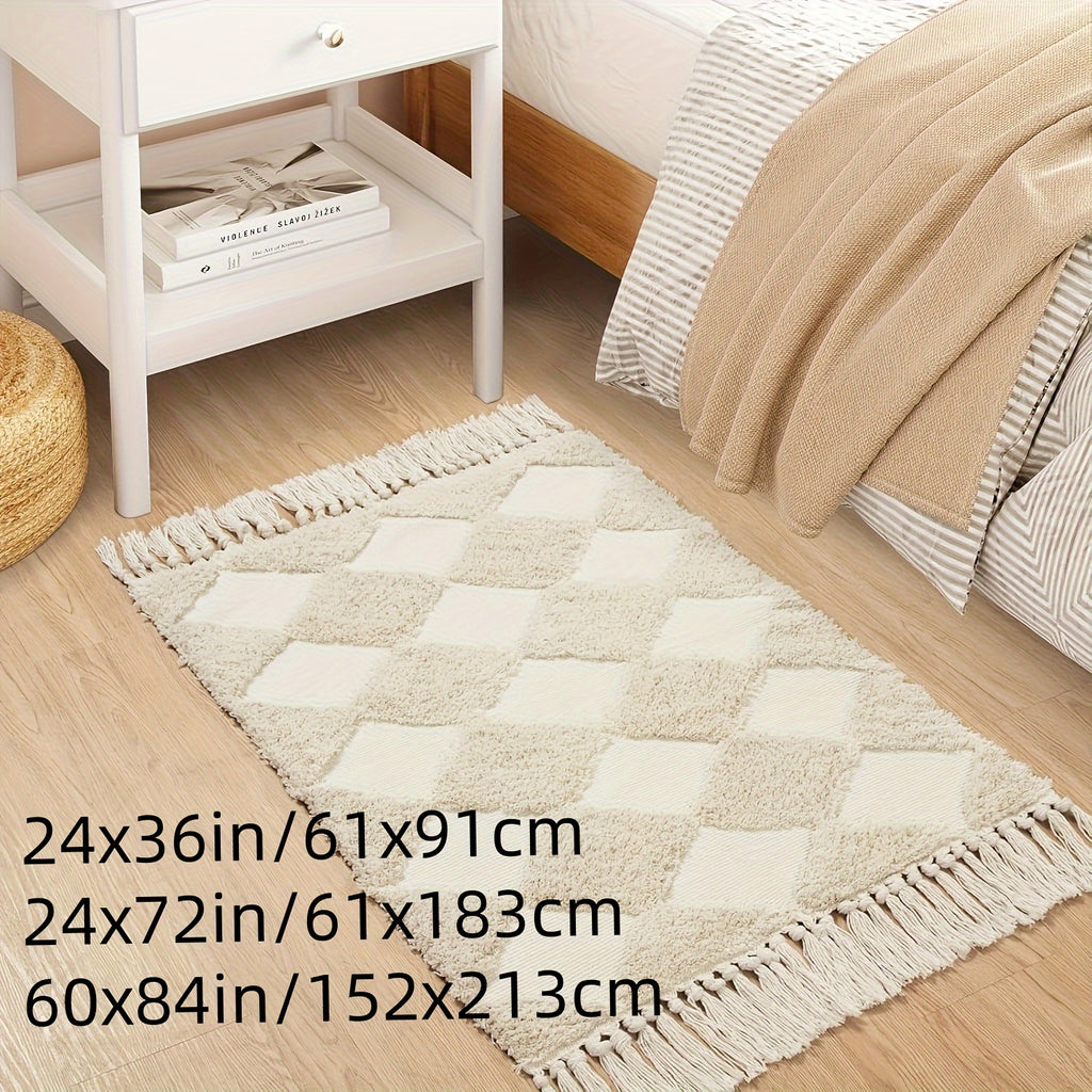 Collive Checkered Boho Bedroom Rugs, Beige Small Bathroom Rug Modern Bath Mat Washable Cotton Woven Accent Rug Tufted Throw Rug, Farmhouse Entryway Door Mat For Kitchen Laundry Room Entrance