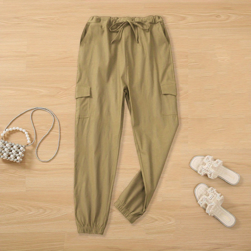 Y2K Solid Drawstring Cargo Pants, Casual Elastic Waist Long Length Pants With Pockets, Women's Clothing