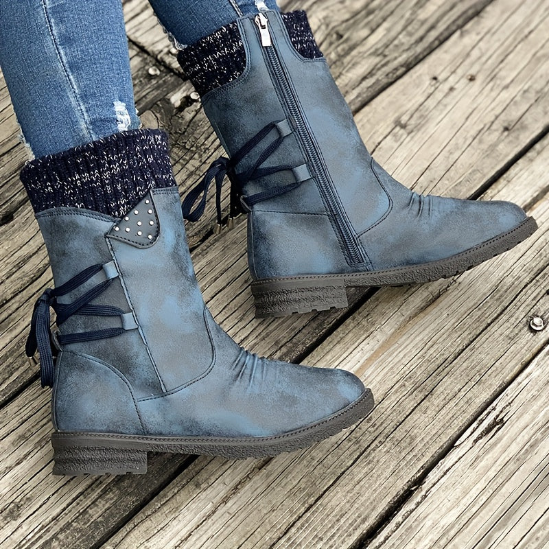 Vintage Classic Elegant 's Mid-Calf Boots.  Grey, Black, Khaki, Blue, Purple Womens Shoes Round Toe Slip On