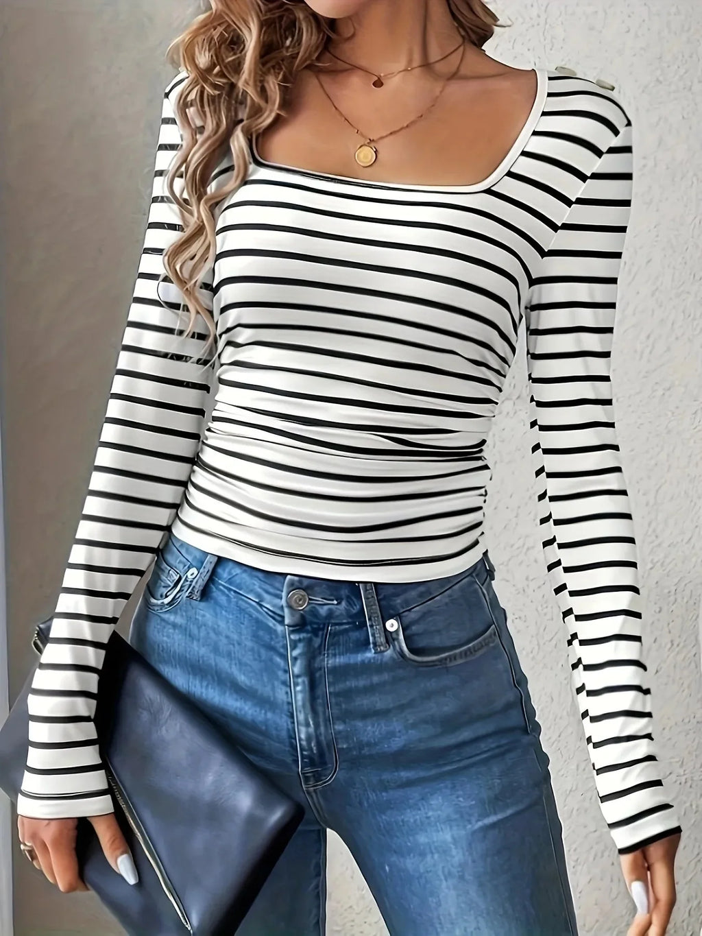 Striped Square Neck Womens Long Sleeve T Shirt
