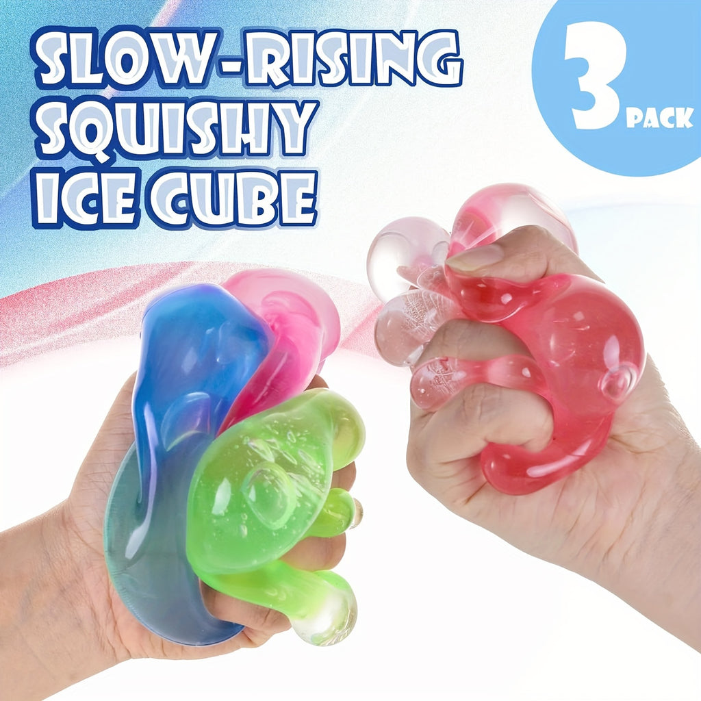 3 Pack Stress Squishy Cube - Sensory Fidget Toy For Adults And Kids, Anxiety Relief Toys With Filling In Pink Blue Green, Squishy Ice Funny Fidget Stress Balls Calming Toys For Autism & ADHD Children