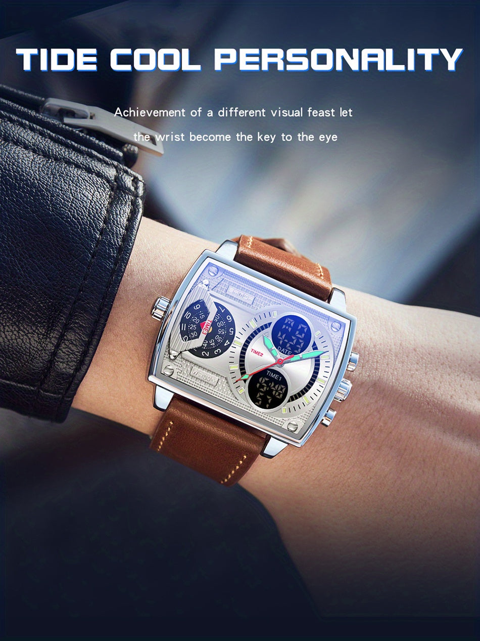 Large Dial Multi Time Zone Men's Watch, Square Dual Display Multifunctional Sports Watch with Dual Time Zone, Date, Alarm, and Stopwatch Functions