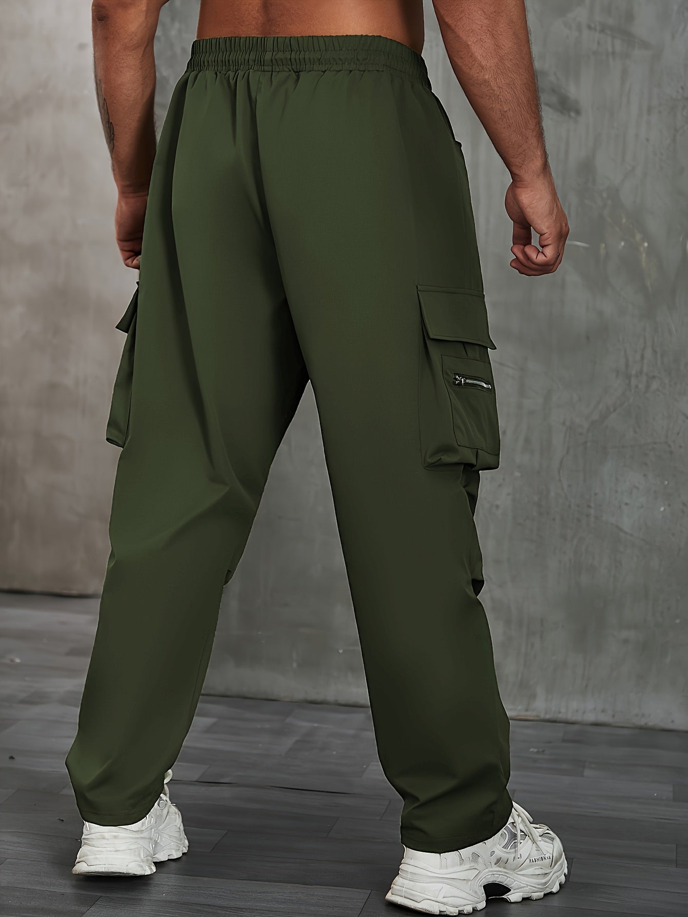 Plus Size Men's Solid Cargo Pants For Spring Fall, Outdoor Sports Pants For Males