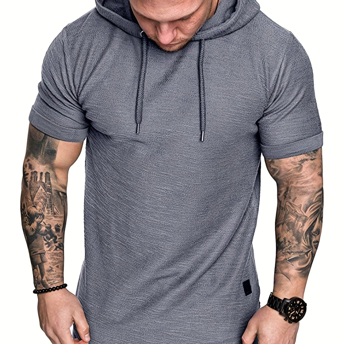 Comfort-Fit Men's Short Sleeve Hoodie - Breathable Knit, Solid Color, Durable & Easy-Care Sports T-shirt