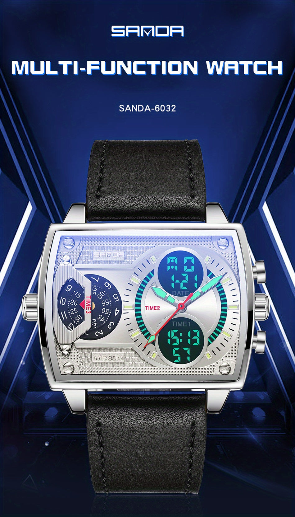 Large Dial Multi Time Zone Men's Watch, Square Dual Display Multifunctional Sports Watch with Dual Time Zone, Date, Alarm, and Stopwatch Functions