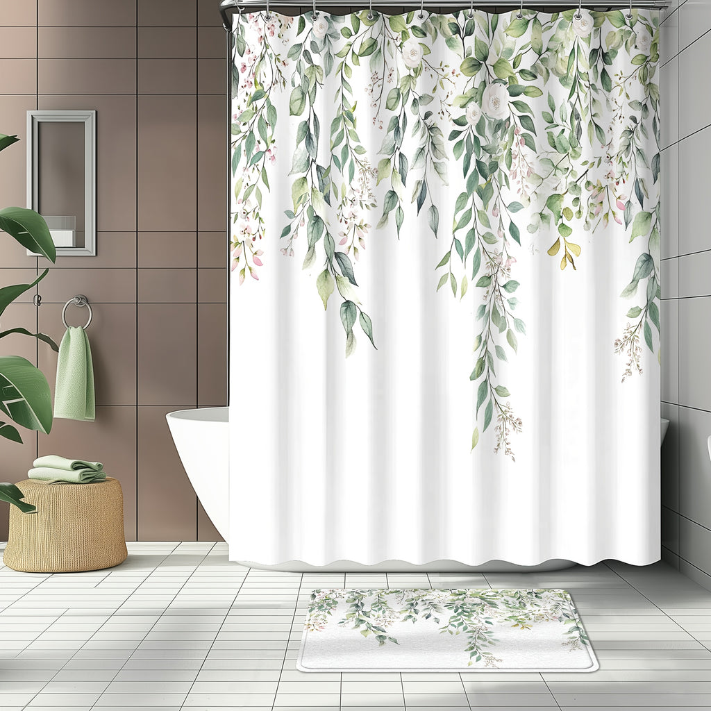 4pcs Sage Green Eucalyptus Shower Curtain Set, Watercolor Floral Plant Leaves, Waterproof Bathroom Accessories With 12 Hooks, Non-Slip Rugs, U-Shaped Mat, Toilet Seat Cover, Nordic Botanical Fresh Green & Gray Eucalyptus Leaf