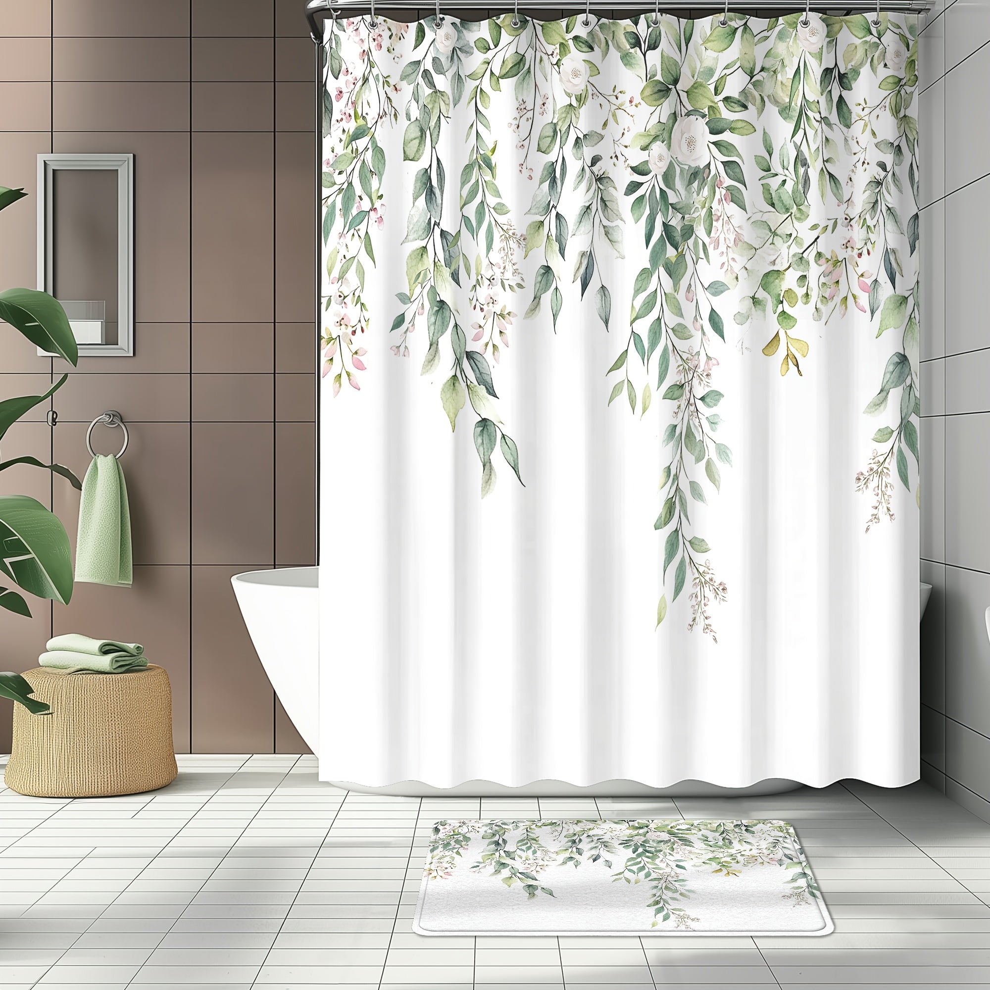 4pcs Sage Green Eucalyptus Shower Curtain Set, Watercolor Floral Plant Leaves, Waterproof Bathroom Accessories With 12 Hooks, Non-Slip Rugs, U-Shaped Mat, Toilet Seat Cover, Nordic Botanical Fresh Green & Gray Eucalyptus Leaf