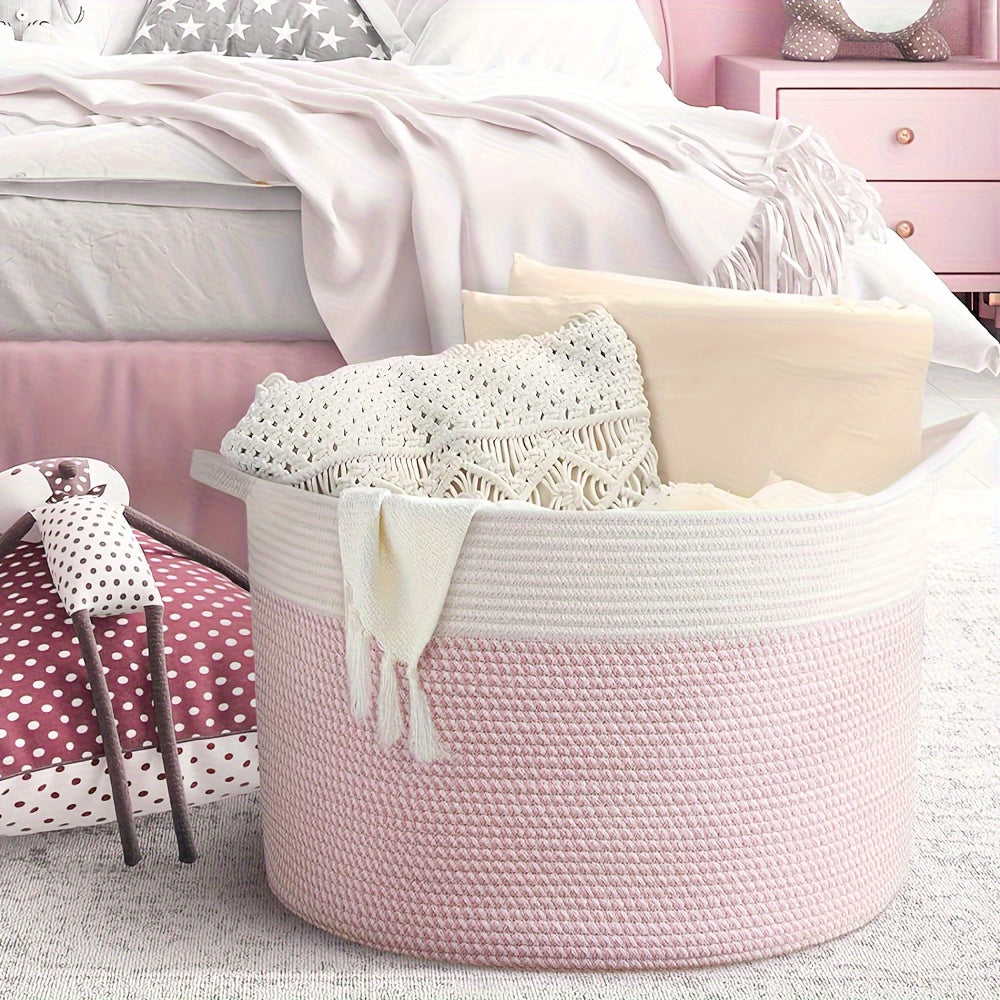 XXL Large Cotton Rope Storage Basket – Foldable Multi-Purpose Organizer for Laundry, Toys, Blankets, and Youngsters Games, Striped Design for Family Gatherings or Home Organization, Laundry Basket