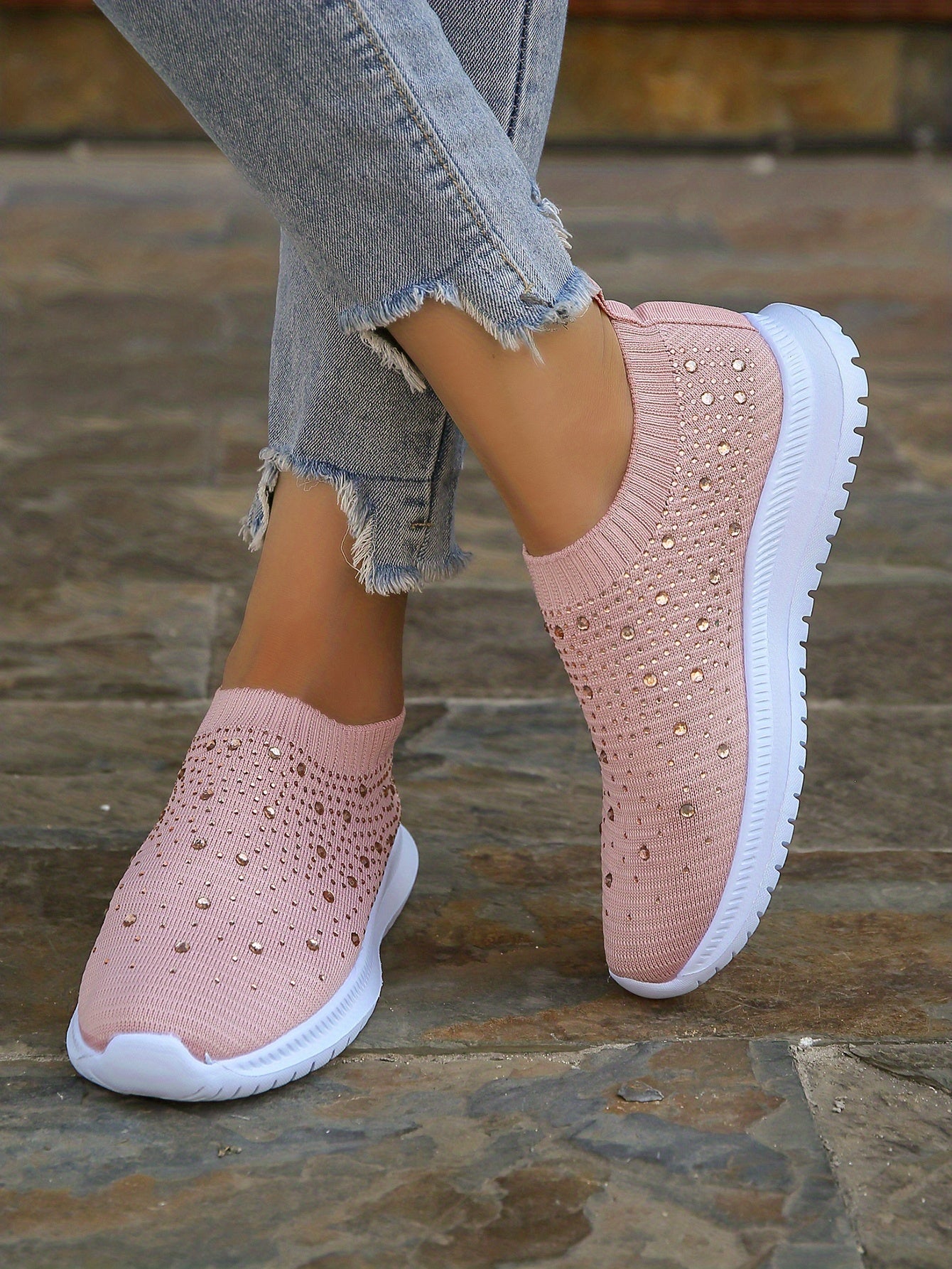 Women's Rhinestone Decor Slip-on Sneakers, Fly Woven Sports Shoes, Breathable Low Top Walking Shoes For Music Festival