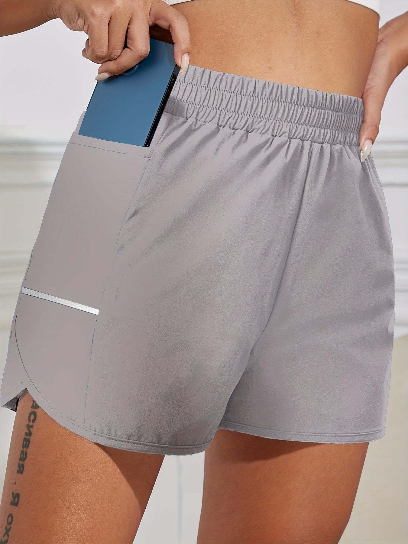 Women's Sports Shorts With Phone Pocket, Elastic Waist Quick Drying Running Shorts, Women's Activewear