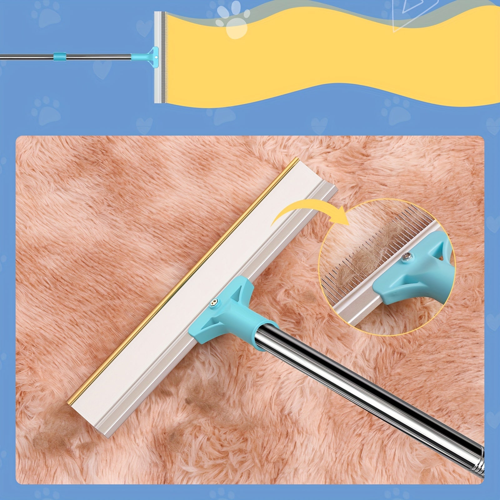 56" Adjustable Long Handle Carpet Rake Pet Hair Remover, Reusable Large Metal Lint Remover Brush For Embedded Fur Removal From Low Pile Rugs Stairs, Carpet Brush Scraper Dog Cat Hair Remover Broom