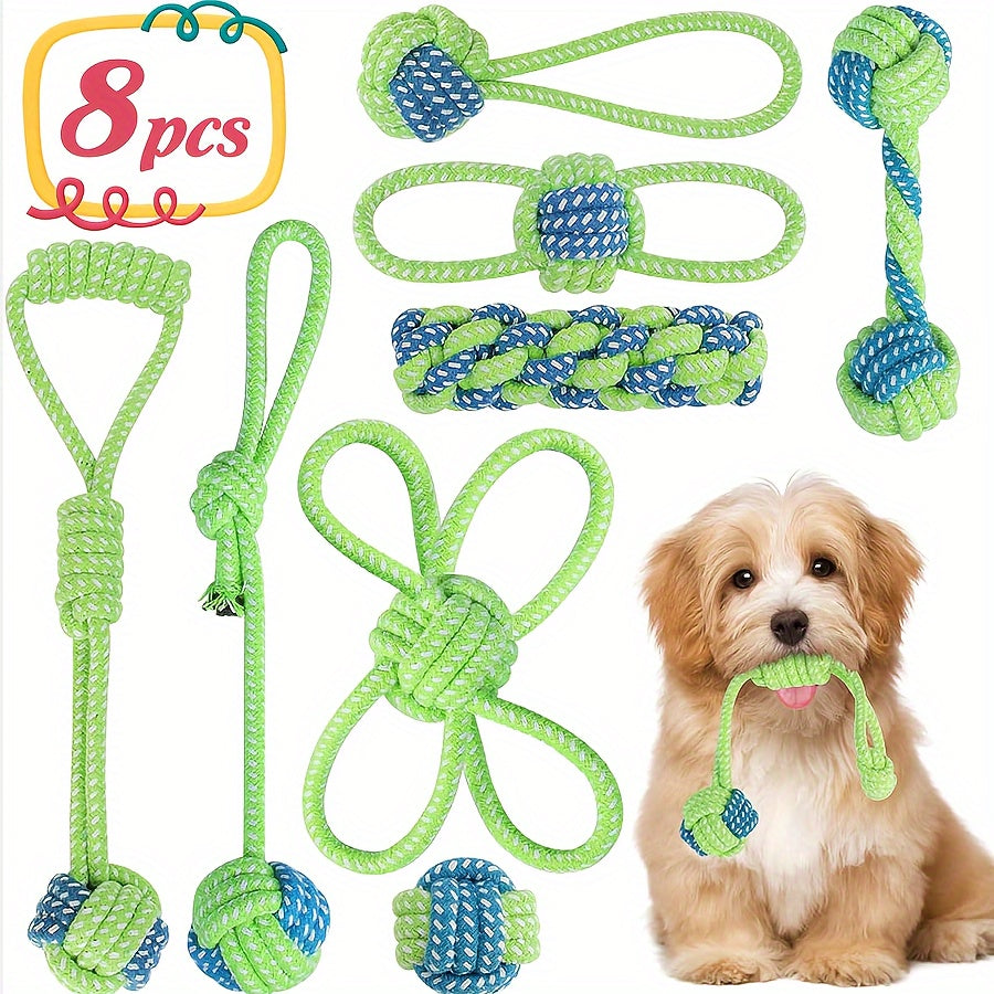 8pcs Dog Rope Knot Training Set - Durable Synthetic Fiber Chew Toys for Teeth Cleaning & Interactive Play, Colorful Outdoor Dog Training Essentials with Tug-of-War Ropes & Balls