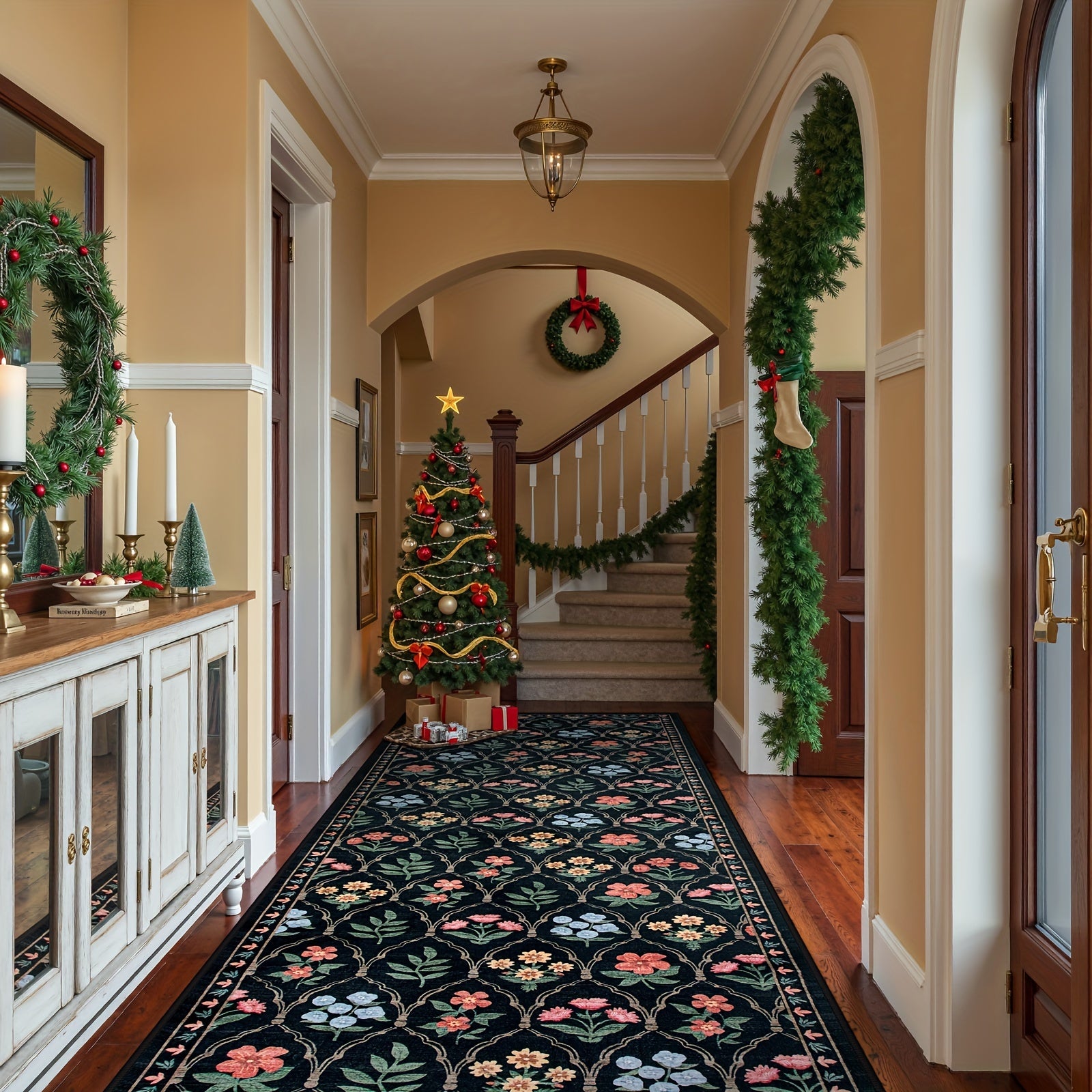 Christmas Area/Runner Rugs for Living Room, Washable Rug Carpet, Non-Slip Low Pile Soft Flowers And Plants Moroccan Holiday Xmas Decor Throw Mat for Living Room/Bedroom/Kitchen